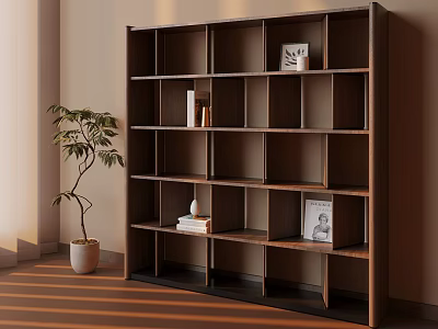 Wooden Bookshelf In Living Room With Potted Plant Books Decorative Items And 3d model