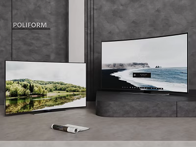 POLIFORM Two Modern TVs with Curved Screen Displaying Scenic Green Trees and Ocean Views 3d model