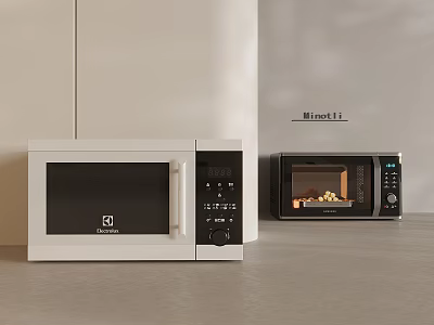 Stylish Modern Kitchen Countertop With White And Black Microwave Oven Appliances 3d model