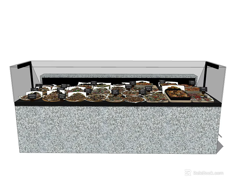 Glass Food Display Case With Gray Countertop And Assorted Dishes Inside 3d model