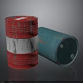 Red and Blue Weathered Drums Standing and Lying on Dark Surface