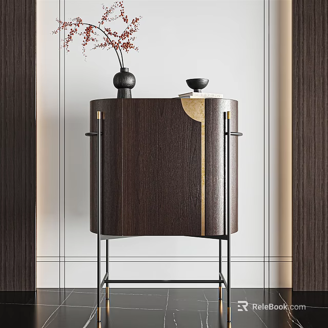 Entryway Console Table Side Cabinet Dark Wood Finish Metal Frame With Decorative Items Minimalist Design 3d model 
