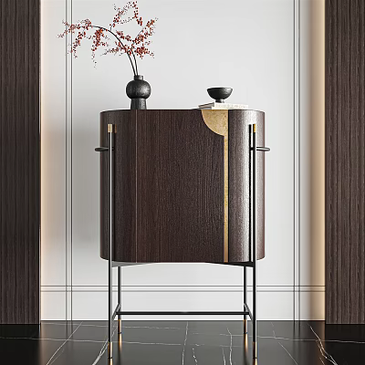Entryway Console Table Side Cabinet Dark Wood Finish Metal Frame With Decorative Items Minimalist Design 3d model