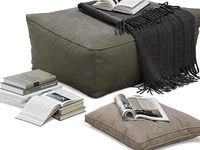 Gray Ottoman With Fringed Blanket Open Book And Light Brown Cushion 3d model