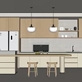 Modern Kitchen Interior Design With Wooden Cabinets Island Countertop Stainless Steel Fridge And Pendant Lights
