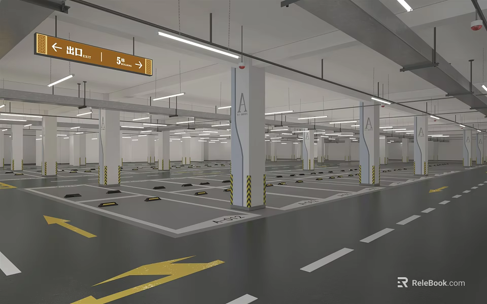 Indoor Parking Garage With Marked Spaces Directional Arrows White Columns And Bright Lighting 3d model 