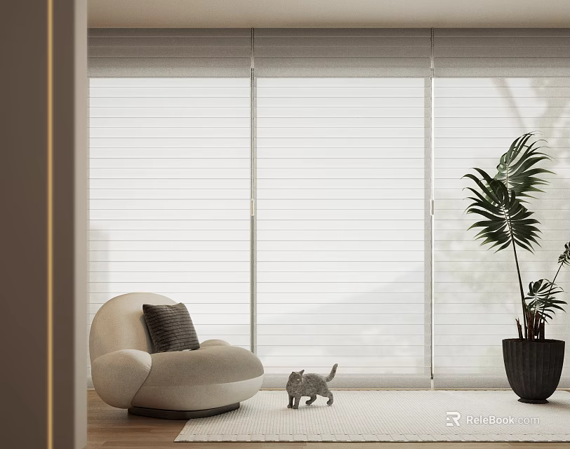 White Vertical Blinds In Modern Living Room With Sofa Cat And Plant 3d model 