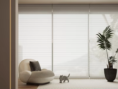 White Vertical Blinds In Modern Living Room With Sofa Cat And Plant 3d model