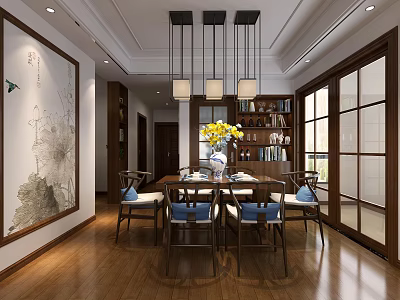 Traditional Chinese Restaurant Interior Design With Dining Table Chairs Hanging Lights And Yellow Flowers 3d model