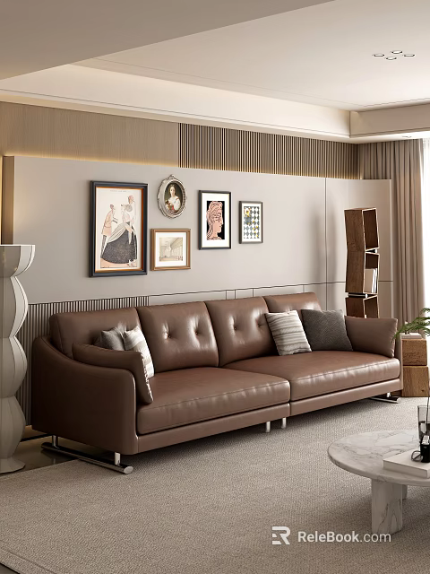 Brown Leather Sectional Sofa In Cozy Living Room With Framed Artworks Floor Lamp And Bookshelf 3d model 