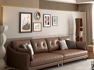 Brown Leather Sectional Sofa In Cozy Living Room With Framed Artworks Floor Lamp And Bookshelf 3d model