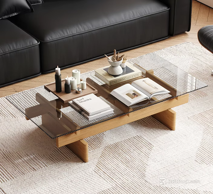 Glass Top Coffee Table With Wooden Base And Books In Modern Living Room 3d model 