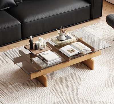 Glass Top Coffee Table With Wooden Base And Books In Modern Living Room 3d model