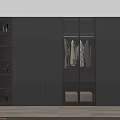 Modern Gray Wardrobe With Glass Doors Open Shelves Hanging Clothes And Storage Space
