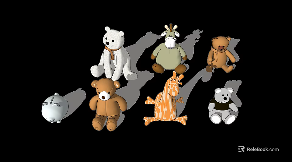 Adorable Stuffed Animal Toys With Bear Giraffe Zebra And Piggy Bank Designs 3d model 