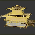 Cartoon Scene of Traditional Japanese Golden Pavilion with Golden Roof Multi story Structure and White Walls