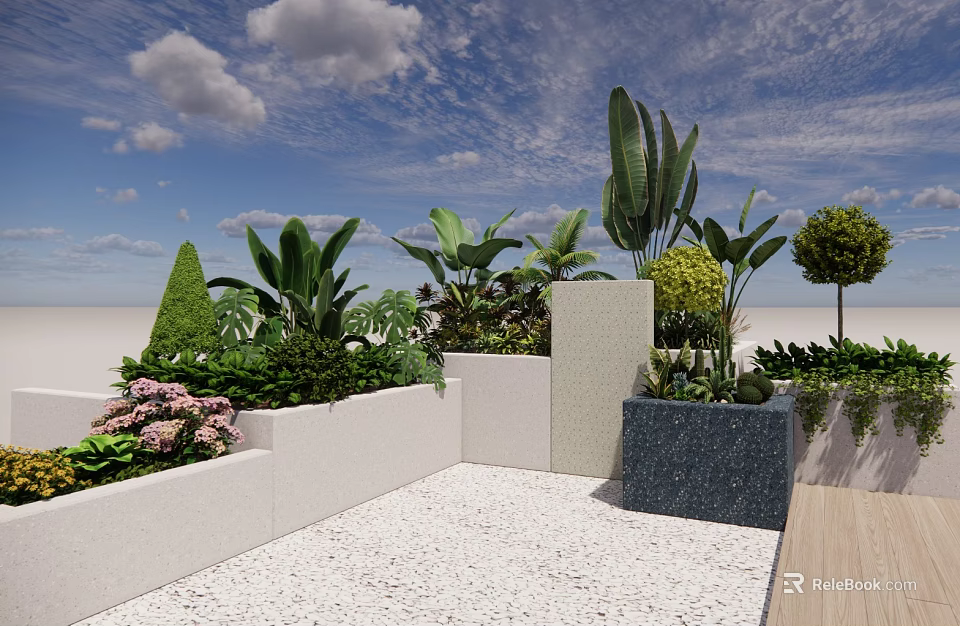 Modern Outdoor Flower Planters and Flower Beds With Palm Leaves Bushes and Pink Flowers 3d model 