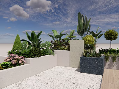Modern Outdoor Flower Planters and Flower Beds With Palm Leaves Bushes and Pink Flowers 3d model