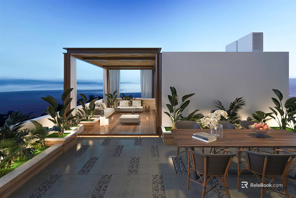 Roof Garden Terrace With Outdoor Seating Lush Plants And Scenic Sea View 3d model 