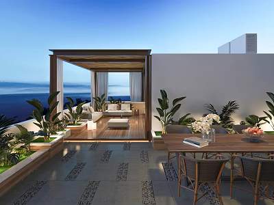 Roof Garden Terrace With Outdoor Seating Lush Plants And Scenic Sea View 3d model