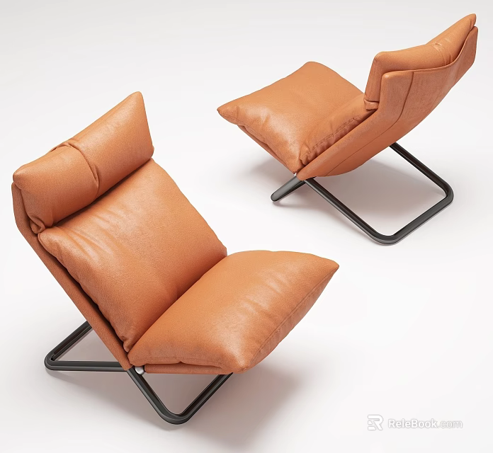 Orange Leather Accent Chairs With Modern Design And Black Metal Frames 3d model