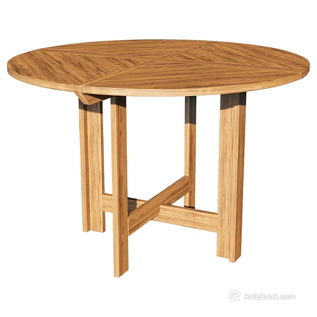 Natural Wooden Round Dining Table With Herringbone Top And Sturdy Cross Legs Design 3d model 