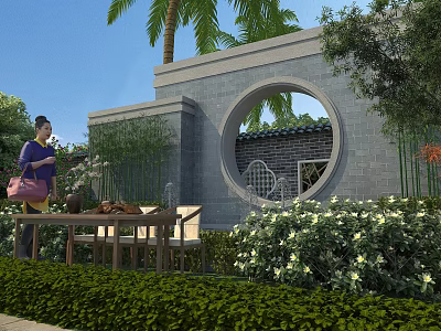 Traditional Scenic Garden Wall with Circular Opening Bamboo Greenery and Wooden Furniture 3d model