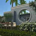 Traditional Scenic Garden Wall with Circular Opening Bamboo Greenery and Wooden Furniture