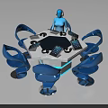 Circular Black Conference Table With Blue Chairs Tablets Blue Lighting And Holographic Figure