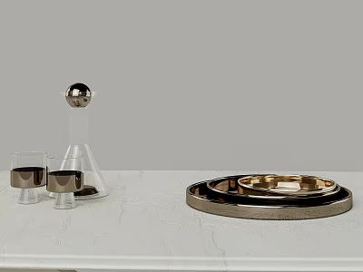 Modern Style Decorative Ornament Set With Golden Tray Glass Cups And Decorative Bottle 3d model