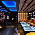 Modern KTV Room Interior Design With Blue Ceiling Lighting Sofa Seating And TV Screens