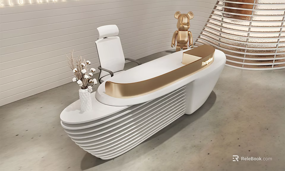 Modern Elegant Reception Desk With White Gold Curved Design And Decorative Ornaments 3d model 