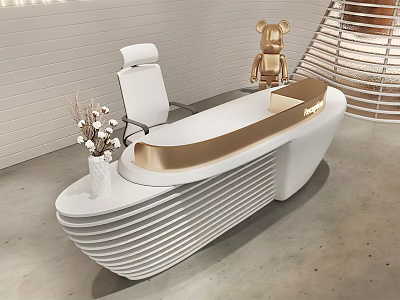 Modern Elegant Reception Desk With White Gold Curved Design And Decorative Ornaments 3d model