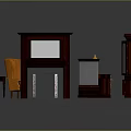 Dark Wooden Desk With Red Countertop Glass Door Cabinet Bookshelf Orange Chair And Table Lamp