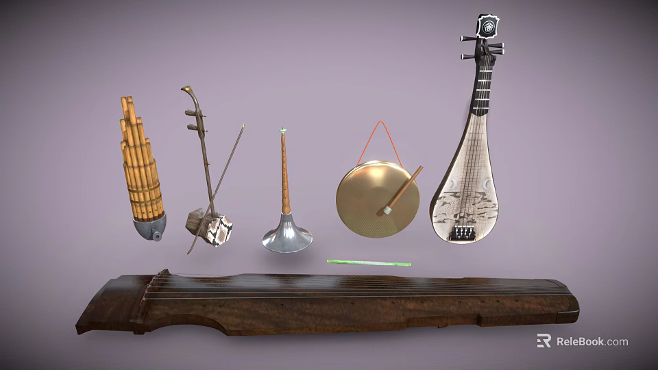 Traditional Chinese Musical Instruments Collection with Pipa Erhu Suona Guzheng and Gong 3d model 