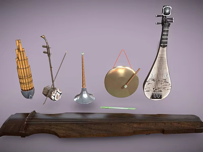 Traditional Chinese Musical Instruments Collection with Pipa Erhu Suona Guzheng and Gong 3d model