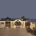Traditional Chinese Garden Landscape at Night with Lanterns Stone Furniture and Distant City Lights