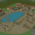 Outdoor Activity Area With Large Blue Pool Red Roofed Buildings People And Surrounding Trees