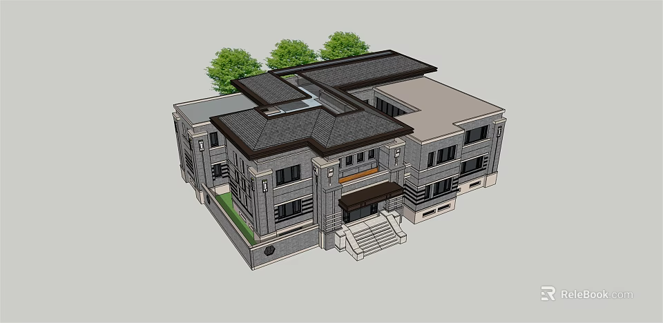 Detached Villa Featuring Dark Roof Multiple Windows Front Steps And Trees 3d model
