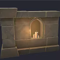 Medieval Style Stone Sculpture Carving With Arched Window And Lit Candles