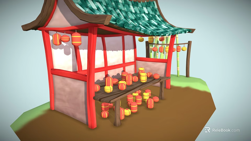 Chinese Style Pavilion Furniture With Wooden Shelves Green Tiled Roof Red Frame And Lanterns 3d model 