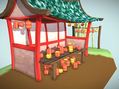 Chinese Style Pavilion Furniture With Wooden Shelves Green Tiled Roof Red Frame And Lanterns 3d model