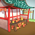 Chinese Style Pavilion Furniture With Wooden Shelves Green Tiled Roof Red Frame And Lanterns