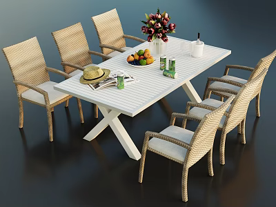 White Dining Table Set With Six Rattan Chairs Flower Arrangement Fruit Platter And Straw Hat 3d model