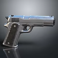 Shiny Silver Polished Metal Pistol with Black Checkered Grip and Classic Design Details
