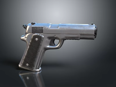 Shiny Silver Polished Metal Pistol with Black Checkered Grip and Classic Design Details 3d model