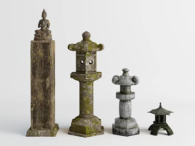 Garden Ornaments Featuring Stone Lanterns Pillars With Mossy Vintage Outdoor Decorative Design 3d model