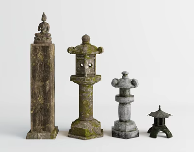 Garden Ornaments Featuring Stone Lanterns Pillars With Mossy Vintage Outdoor Decorative Design 3d model