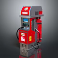 Red And Gray Fuel Dispenser At Gas Station With Display Screen And Nozzle