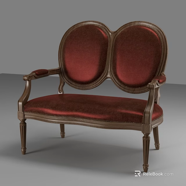 Classic Red Velvet Two Seater Sofa With Carved Wooden Frame Design 3d model 